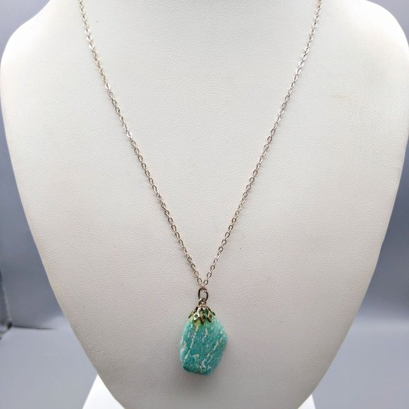 Natural Tumbled Blue Stone Pendant Necklace, Vintage Boho on Silver Tone Chain - Picture 1 of 4